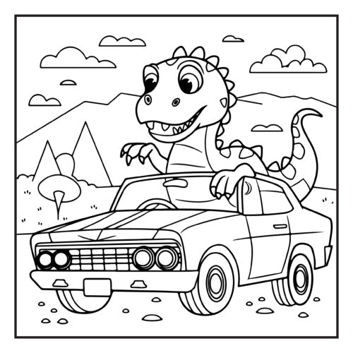 Dinosaur driving convertible car through countryside