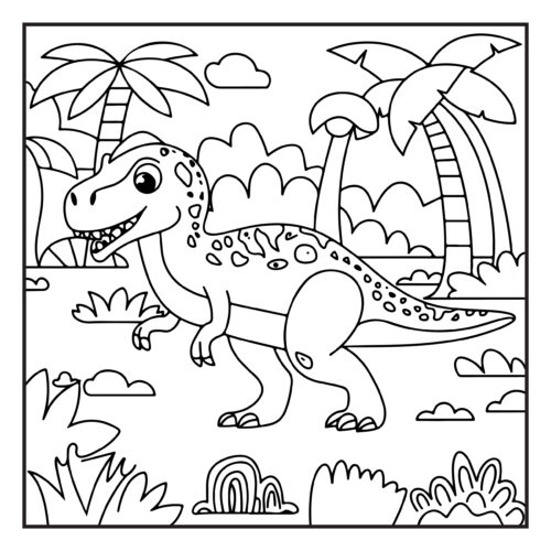 Dinosaur in tropical setting with palm trees