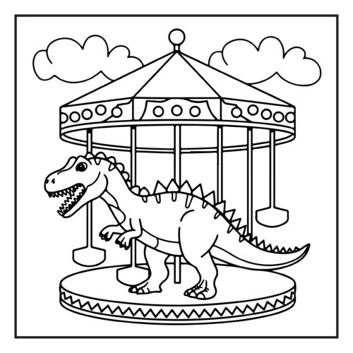 Dinosaur on carousel at amusement park with tent