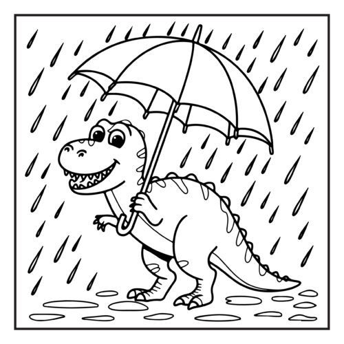 Dinosaur with umbrella in rainstorm