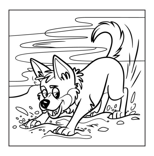 Dog digging or playing in sand or dirt with wavy sky background