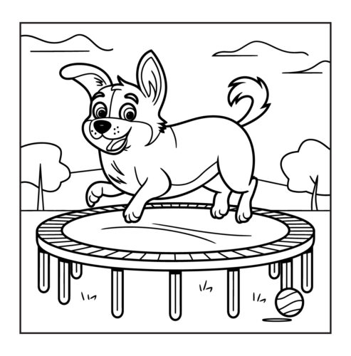 Dog jumping on trampoline with ball nearby in backyard