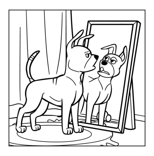 Dog looking at itself in a mirror with serious or curious expression