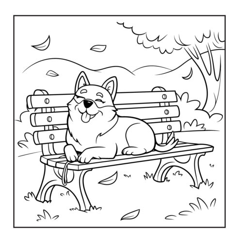 Dog resting on park bench with falling leaves around