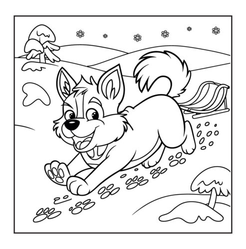 Dog running through snow with a sled in background