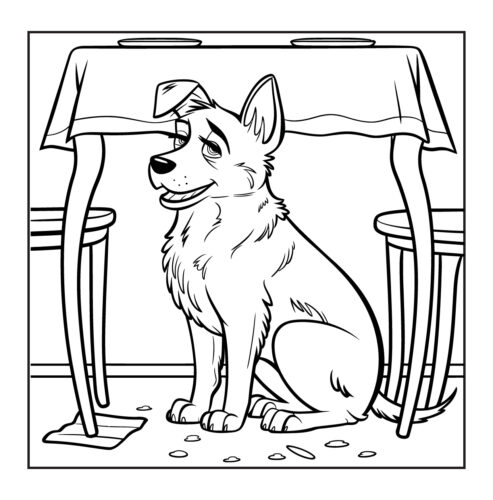 Dog sitting beneath a dining table with tablecloth overhead