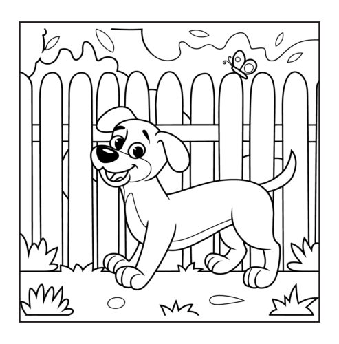 Dog standing by white picket fence with butterfly overhead