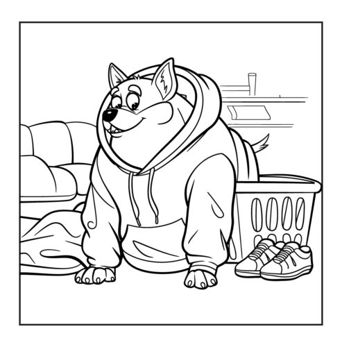 Dog wearing a hoodie sitting indoors near a laundry basket