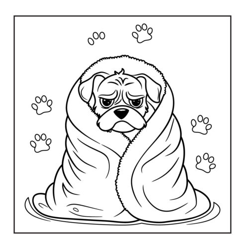 Dog wrapped in towel or blanket with pawprints around image border