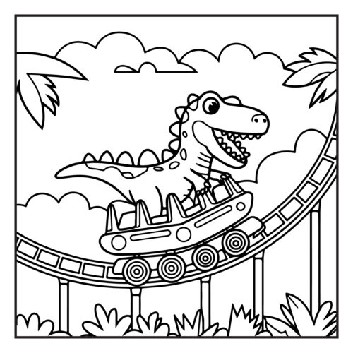 Excited dinosaur on roller coaster track with palms