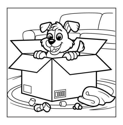 Excited puppy peeking out from a cardboard shipping box