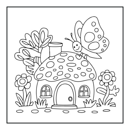 Fairy tale mushroom house with butterfly and flowers