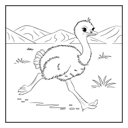 Fast ostrich running through desert mountain landscape