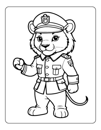 Female lion in police uniform with cap