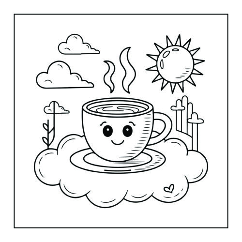 Floating coffee cup cloud scene
