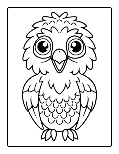 Fluffy owl with big eyes sitting upright