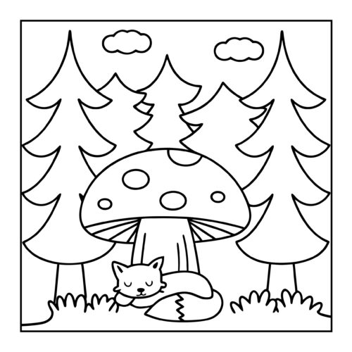 Fox sleeping peacefully under mushroom in forest