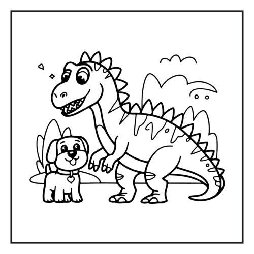 Friendly dinosaur with puppy companion