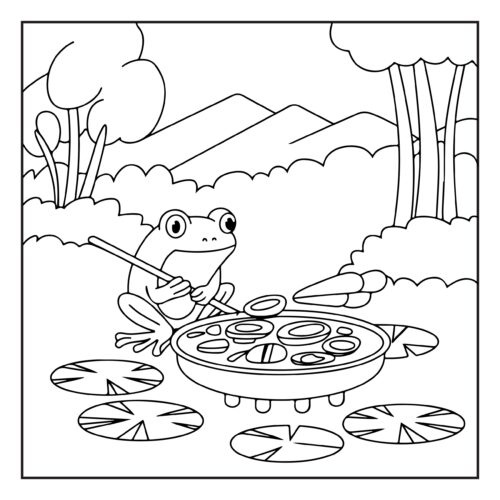 Frog artist painting on easel by pond