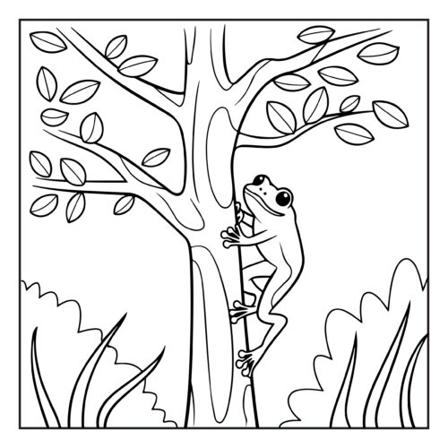 Frog climbing up a tree trunk happily