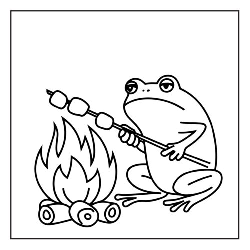 Frog roasting marshmallows over a cozy campfire