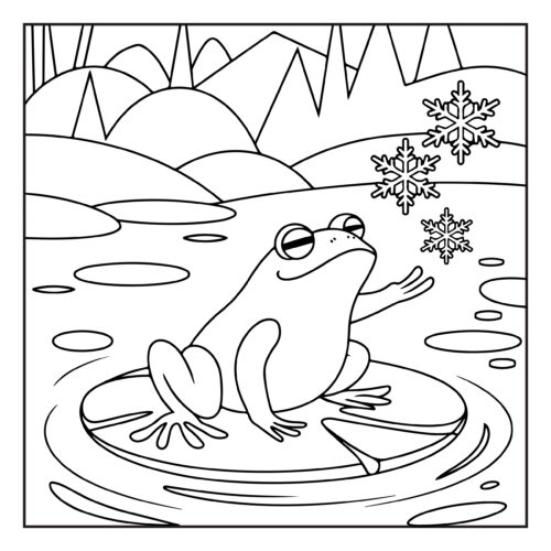 Frog sitting on lily pad catching snowflakes
