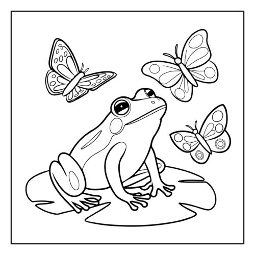 Frog watching beautiful butterflies flying around him