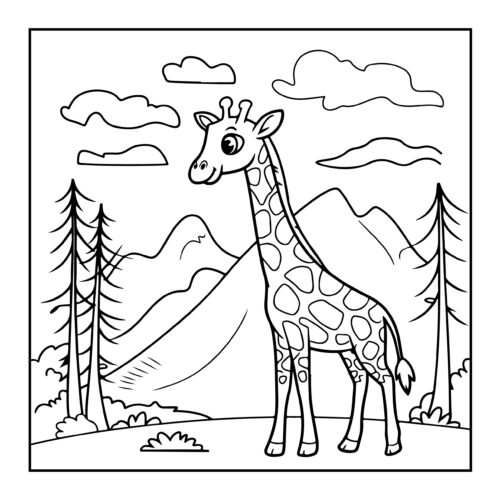 Giraffe in mountain landscape with pine trees