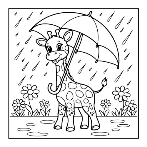 Giraffe in rain with umbrella and puddles