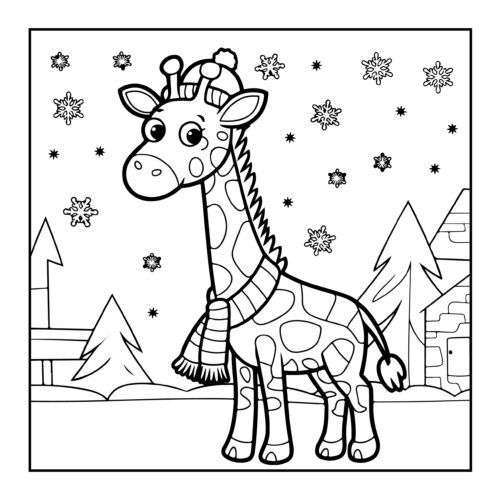 Giraffe in snowy winter scene with hat and scarf