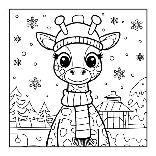 Giraffe in winter with hat and scarf and snowflakes