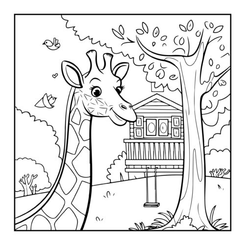 Giraffe looking at treehouse with birds