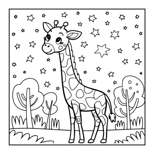 Giraffe under starry night sky with trees