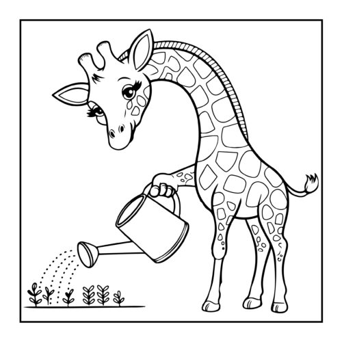 Giraffe watering plants in garden