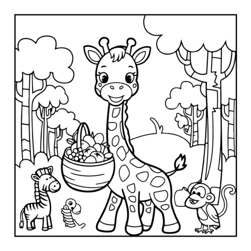 Giraffe with food basket in jungle with animals