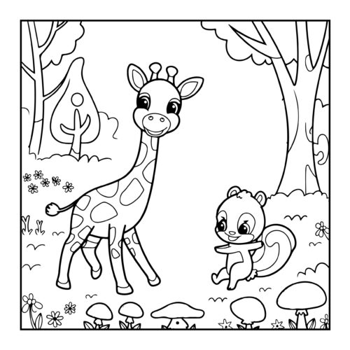 Giraffe with squirrel in forest with mushrooms