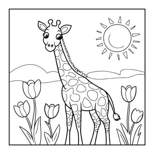 Giraffe with sun and tulip flowers in spring