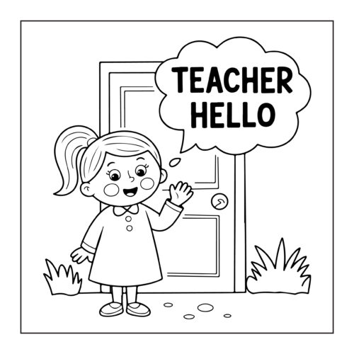 Girl saying Teacher Hello at classroom door