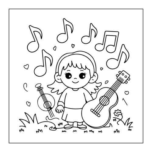 Girl with musical instruments and notes