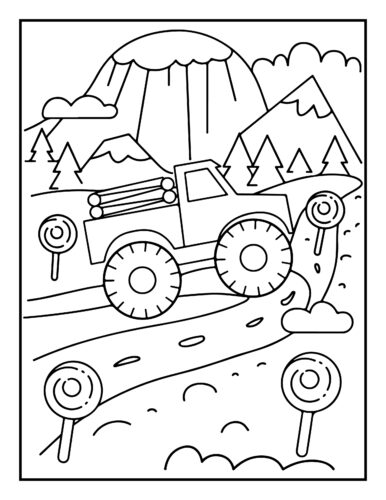 Happy cartoon monster truck with sun in countryside