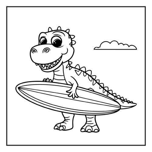 Happy dinosaur riding a surfboard with cloud background