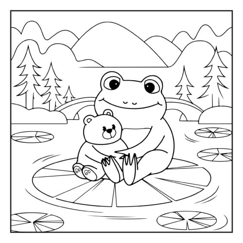 Happy frog holding teddy bear on lily pad