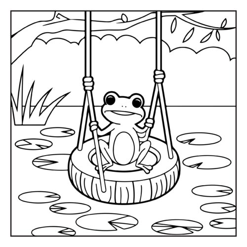 Happy frog swinging on rope over water