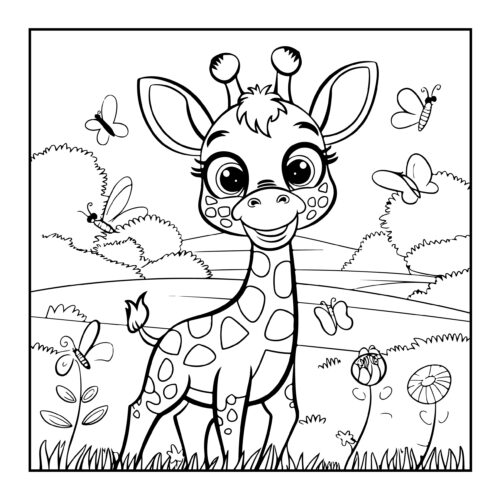 Happy giraffe with butterflies in meadow