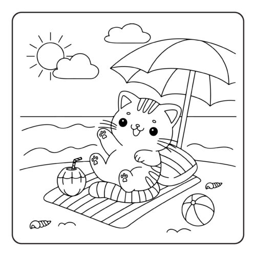Happy kitten relaxing under beach umbrella