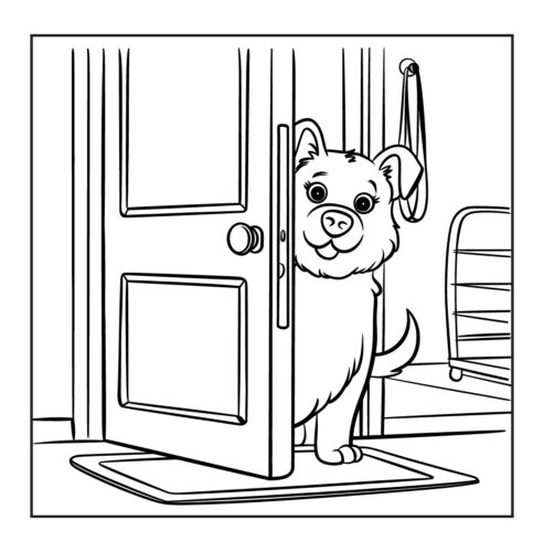 Happy puppy peeking through partially open door at home entrance