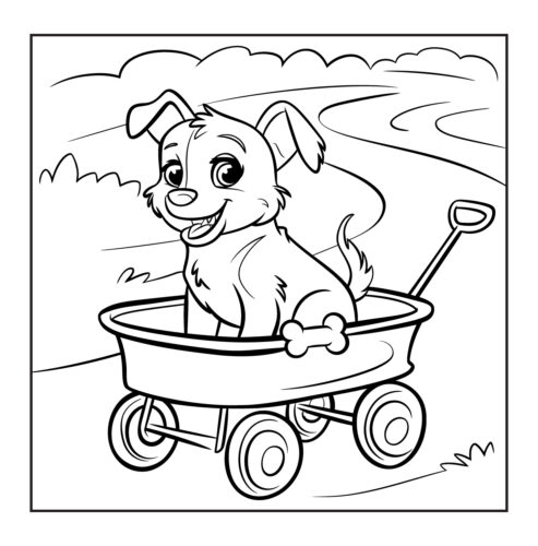 Happy puppy riding in a small wagon on outdoor path