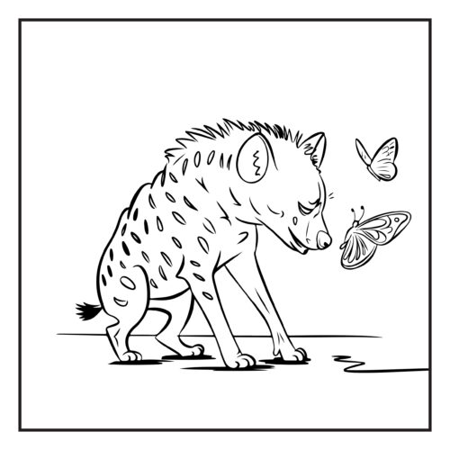 Hyena sniffing butterflies on the ground