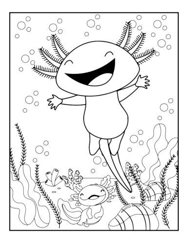 Joyful axolotl laughing with arms outstretched in water
