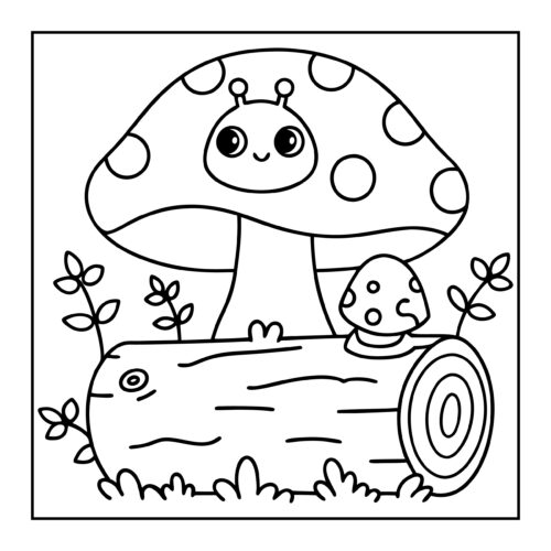 Ladybug character on spotted mushroom by log